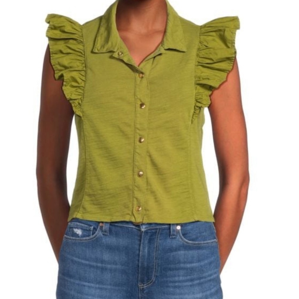 Nation LTD Archer Ruffle Sleeve Top Button Down Sleeveless Shirt Olive Green M